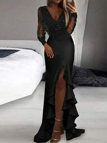 Elegant V-Neck Mesh Patchwork Long Sleeve Dress, Versatile For Daily, Work, Party, Evening Gown, Shiny Metallic Embossed Fashionable And Graceful Dress - Black - View 1