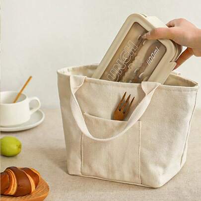 VINCAN Túi đựng cơm trưa cách nhiệt đa năng bằng vải canvas có khóa kéo, túi giữ nhiệt di động tiện dụng cho du lịch dã ngoại, túi vuông tái sử dụng, vật dụng cần thiết cho mùa tựu trường, túi xách ngoài trời.