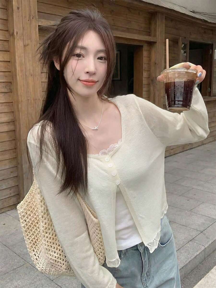 女士轻薄披肩领外套，休闲纯色长袖上衣，适合春夏穿着 - 杏色 - 查看 1