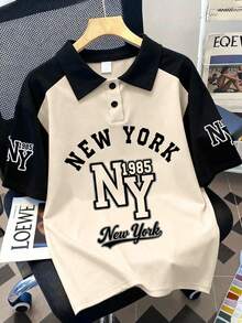 1pc Vintage New York Letter Print Polo Shirt For Teenage Boys, Contrast Color Collar, Raglan Sleeve, Cool Casual Wear, Comfortable & Skin-Friendly, Suitable For Spring & Summer - Apricot - View 1