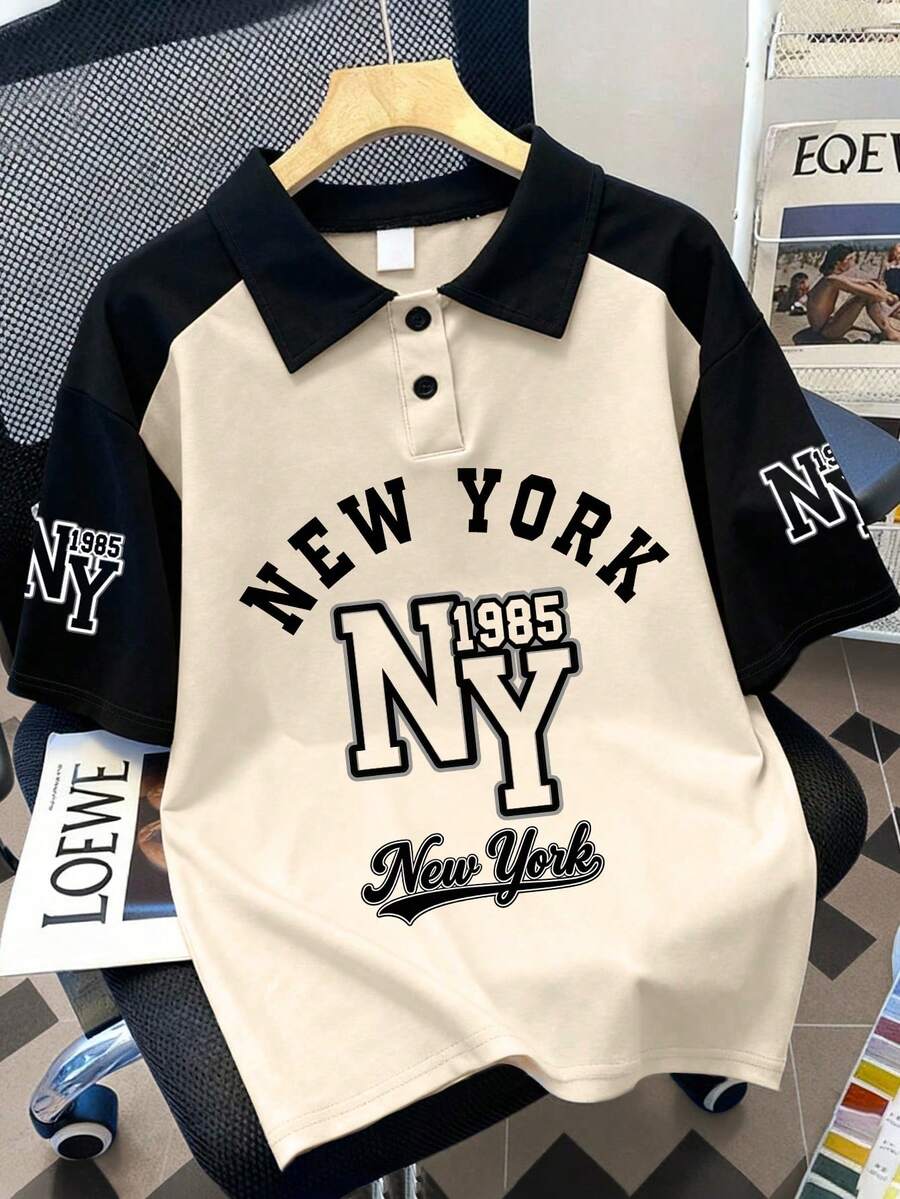 1pc Vintage New York Letter Print Polo Shirt For Teenage Boys, Contrast Color Collar, Raglan Sleeve, Cool Casual Wear, Comfortable & Skin-Friendly, Suitable For Spring & Summer - Apricot - View 1