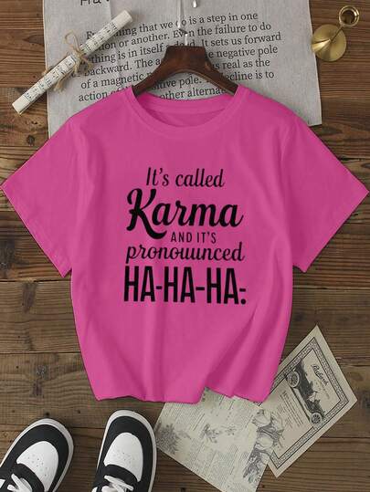 大码女式“For Karma”字母印花圆领 T 恤 - 休闲短袖弹力 T 恤，可机洗，四季舒适，适合日常穿着 | 俏皮设计 | 不透明面料