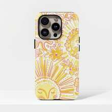 粉色复古风时尚手机壳，复古太阳图案，波西米亚风，黄色阳光美学，兼容 17 Pro、16e、15 Plus、14、13、12、11 Pro Max，春季款 - 黃色 - 查看 1