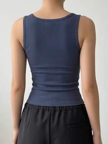 1pc Women Casual Comfortable Padded Deep Blue Square Neck Camisole Top, Slim Fit Ribbed Sleeveless Undershirt, Suitable For All Seasons - Navy Blue - View 6