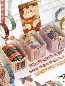 Set Pita Washi Pola Retro 5 Gulungan/Kotak, Pita Washi Desain Multi-Elemen - Untuk Scrapbooking dan Dekorasi Amplop Kartu Ucapan, Pita Kreatif, Pola Flora, Fauna, dan Bunga yang Halus - Set - View 4