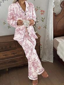 Style Landscape & Figure Printed Long Sleeve Top & Pants Pajama Set With Collar, Fall Winter Clothes - Pink - View 4
