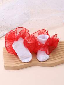 1 Pair Children/Toddler Solid Color Ruffle Trim Mid-Calf Socks, Versatile For School Uniform - Red - View 7