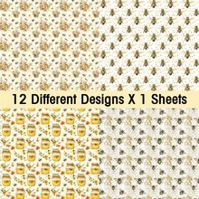 12张黄色蜜蜂主题剪贴簿纸，图案包括蜜蜂、野花、蜂蜜罐和六边形蜂巢，尺寸为6*6英寸，适用于剪贴簿、子弹笔记、杂物日记、贺卡背景、相册和DIY项目。 - A - 查看 6