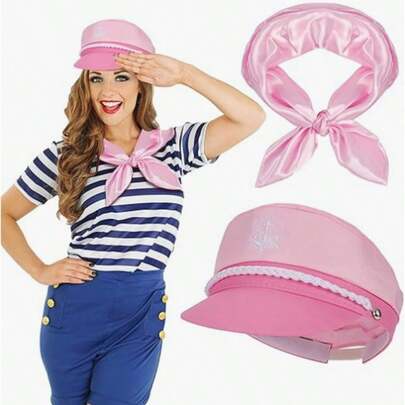 1-3pcs Yacht Vacation Style Pink Sailor Captain Hat With Scarf, Heart-Shaped Sunglasses, Carnival Party Cosplay Accessories, Women Fashion Basic Navy Hat Set