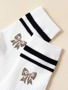1 Pair Girls' Black & White Striped Mid-Calf Socks – Leopard-Print Bow & Ribbed Design (Versatile Preppy Style) - Multicolor - View 4