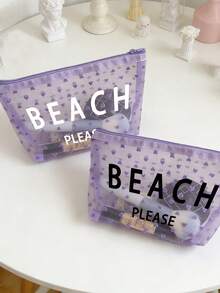 紫色植绒网眼心形化妆包，沙滩包，印有“Beach Please”字样。大容量透明化妆包，带尼龙拉链的洗漱包 - 轻便，可收纳防晒霜、零食、比基尼和沙滩必备用品。 - 彩色 - 查看 2