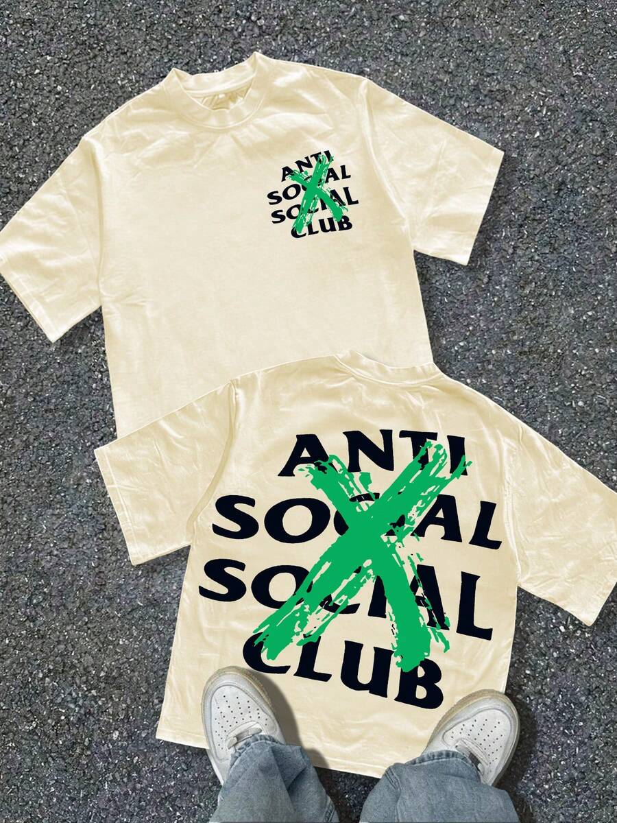 100% Pure Cotton Printed T-Shirt X Logo Streetwear Graffiti Style Fashion Statement Design S To 3XL Short-Sleeved Round Neck Casual Top Suitable For All Seasons Men's Wear - 杏色 - 查看 1