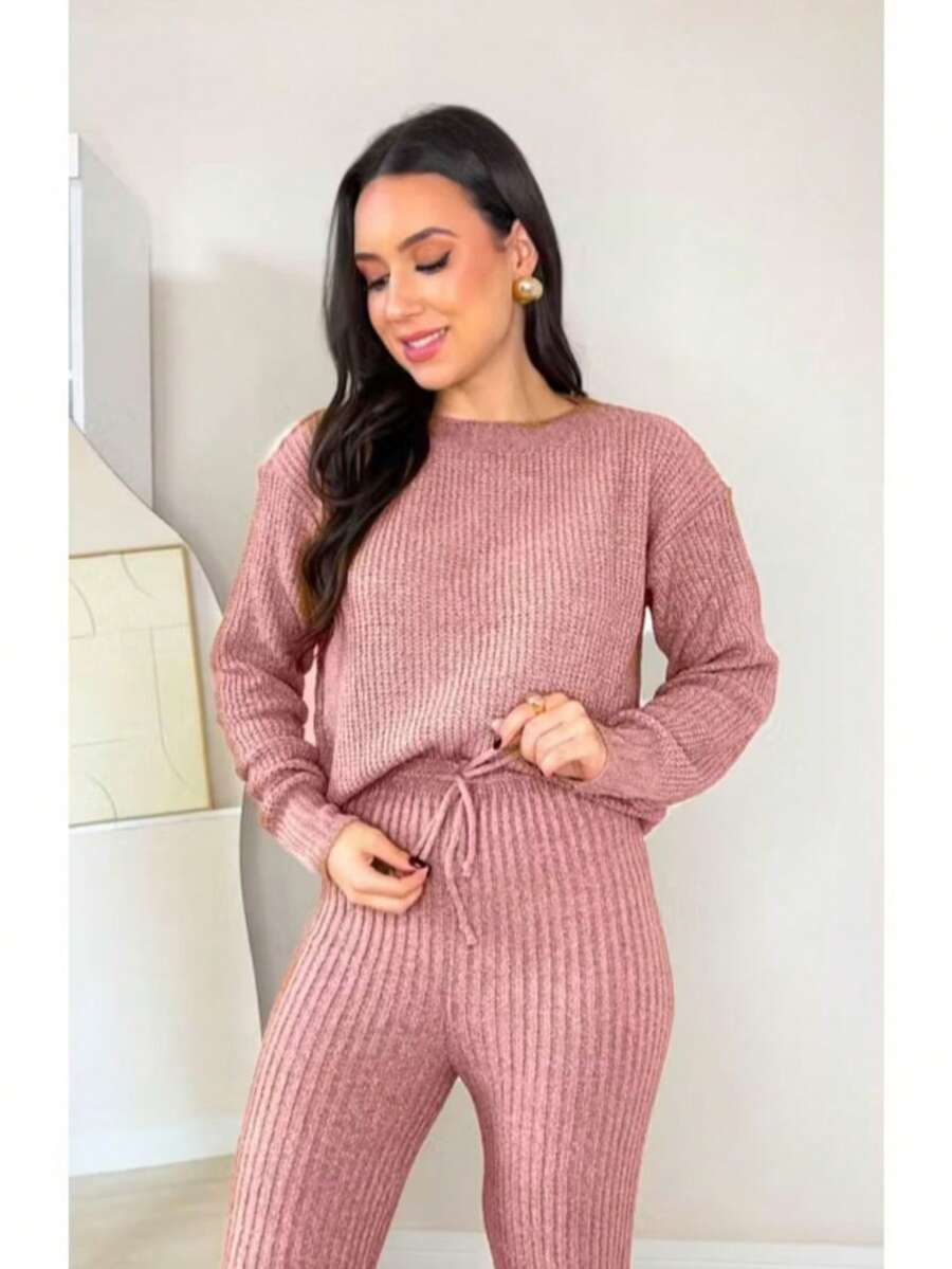 Women's Knit Set - Mousse Aerolook - Ribbed Knit Pants And Blouse - Winter 2025 - Pastel Pink - View 1