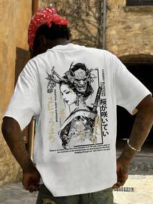 T-shirt graphique FRACTYR pour hommes avec masque de Geisha japonaise Hannya, mode de rue décontractée d'été à manches courtes, imprimé recto-verso, art de samouraï fantasy sombre dans le style Harajuku, coton confortable - Blanc - Voir 2