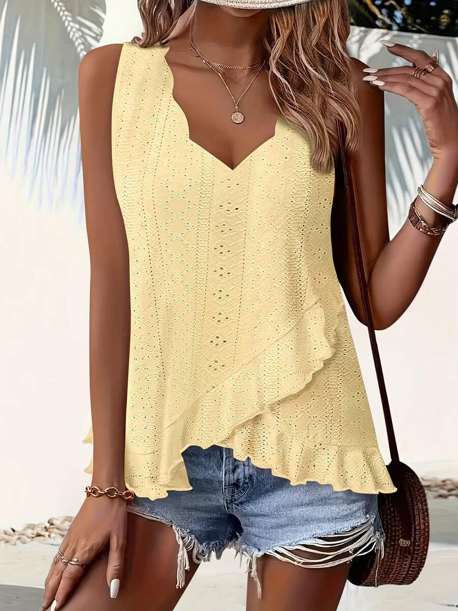Women's Solid Color Ruffle Hem Fashionable Casual Top, Suitable For Beach & Holiday In Summer - Yellow - View 1