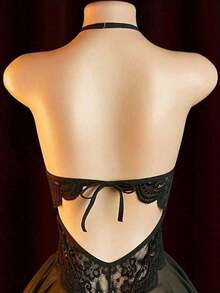 Lace Corset Style Bodysuit With Mini Skirt – Seductive Sleepwear For Couples - Black - View 2