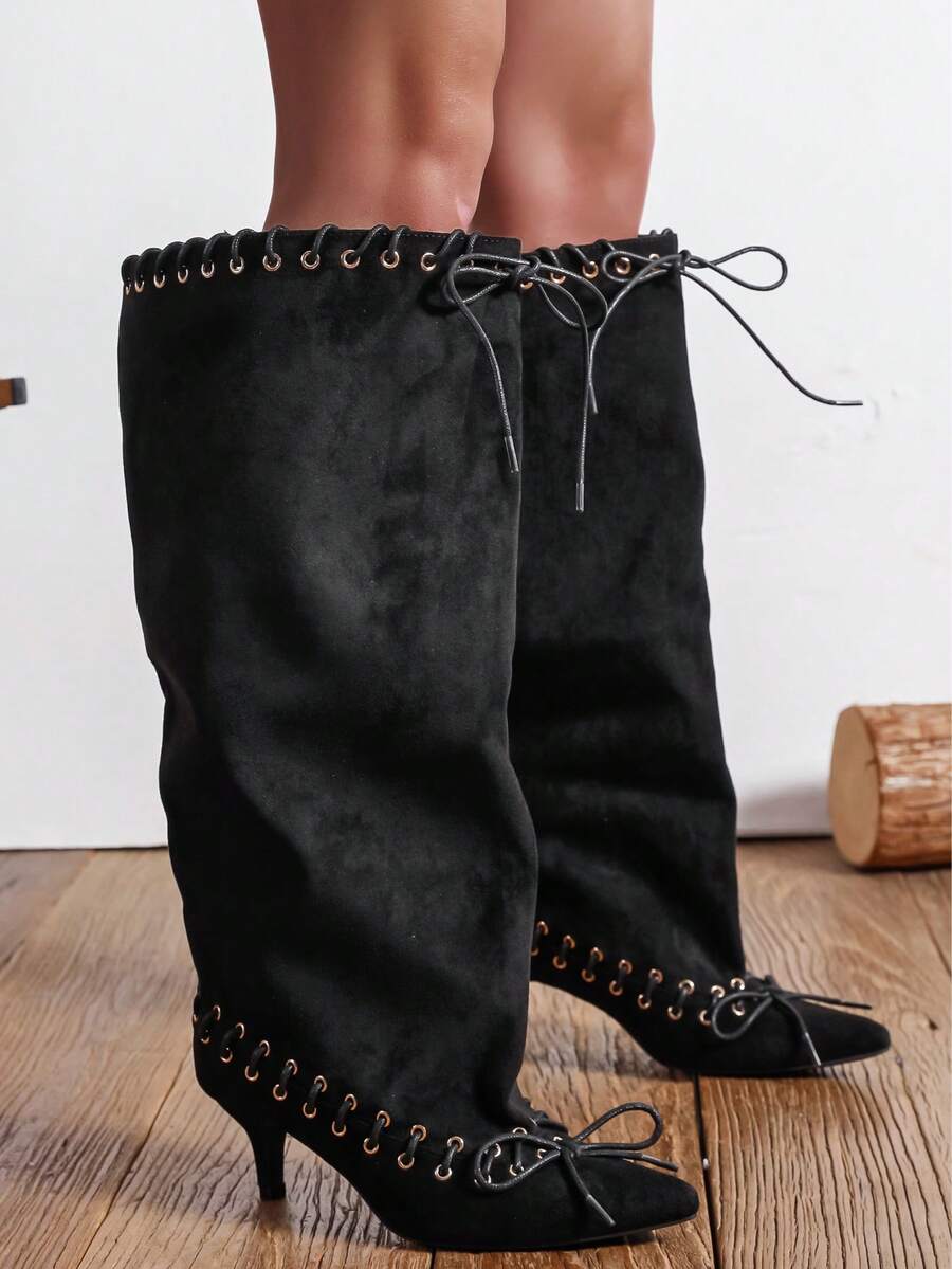 Women's Fashionable Pointed-Toe Over-The-Knee Boots With A Pleated Design, Suitable For Parties, Weddings, And Formal Occasions