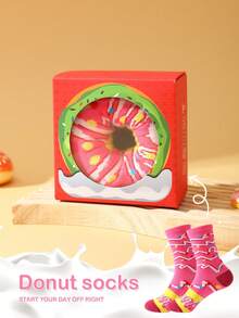 1 Pair Multicolor Mid-Calf Gift Socks, Unisex Couples Gift Box, Soft Donut Novelty Socks, Imaginative Food-Inspired Creative Design, Comfortable Versatile, Suitable For Birthday, Valentine's Day, Easter, Ramadan, Date, Family Gathering, Party, Holiday, Unique Fashion Casual Everyday Wear - Multicolor - View 9