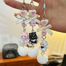 Cute Cat Element 1pc Cute Cartoon Cat Charm Heart & Bow Beaded Phone Strap Personalized CCD Camera Accessory Spring Birthday Gift - Multicolor - View 5