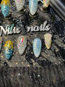 10pcs Handmade Full Coverage Almond Shaped Nail Tips, Blue Series, Decorated With Glitter, Rhinestones And Pearls, Reusable, Suitable For Spring/Summer, Y2K Luxury Ocean Style Fake Nails, Suitable For Party And Daily Wear, Comes With Jelly Glue And Nail File - Blue - View 5