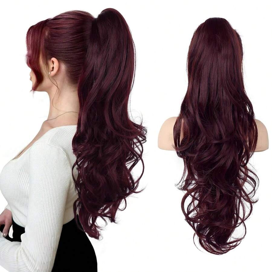Extensión de Cola de Caballo FLUFYMOOZ, 66 de largo, ondulada y rizada, con clip de sujeción, postizo sintético para mujer - rubio dorado con reflejos. - Ombré-Borgoña - Ver 1