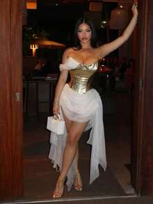 Women's Dress Fashion Personality Elegant Gold Glossy Mesh Splicing Ribbon Sexy Spicy Girl Dress - Vàng - Xem 8