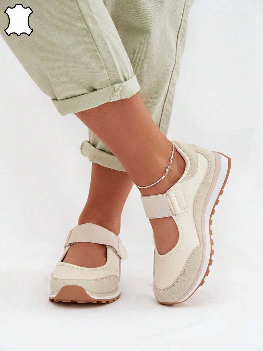 Women's Sporty Half Shoes With Hook-And-Loop Fastener, Made Of Natural Leather, Lightweight, Comfortable, For Everyday Use Beige Black - Beige - View 1