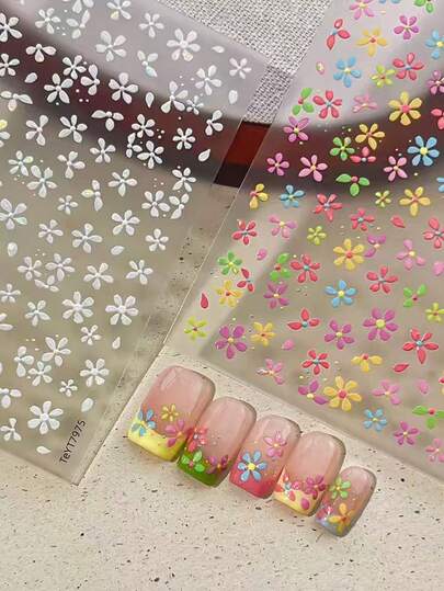 1pc Colorful Floral Stickers, Solid Color Stickers, Spring/Summer Floral Stickers, Nail Art Decorations, For Daily Use