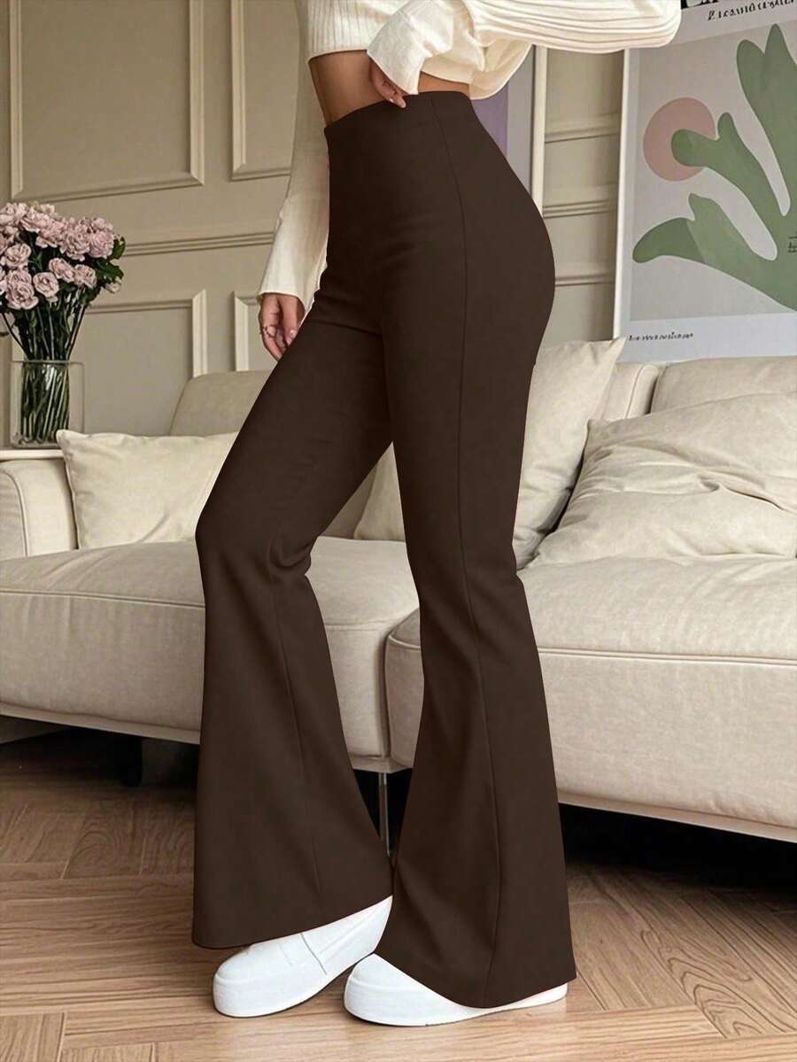 Quần ống loe cạp cao màu trơn dành cho nữ cỡ lớn, quần legging thể thao yoga, quần bó sát, quần chạy bộ tập thể dục. - màu nâu - Xem 1