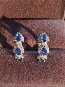 MOONSO 1 Pair Fashionable Elegant Zirconia Earrings, Exquisite High-Quality Suitable For Dates, Parties, Daily Wear E2306 - Blue - View 1