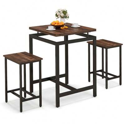  COSTWAY 3 Pieces Bar Table Set, Square Counter Height Table With Stools, Floating Tabletop & Footrest, Industrial Pub Table Set For Small Space, Breakfast Nook, Kitchen, Rustic Brown