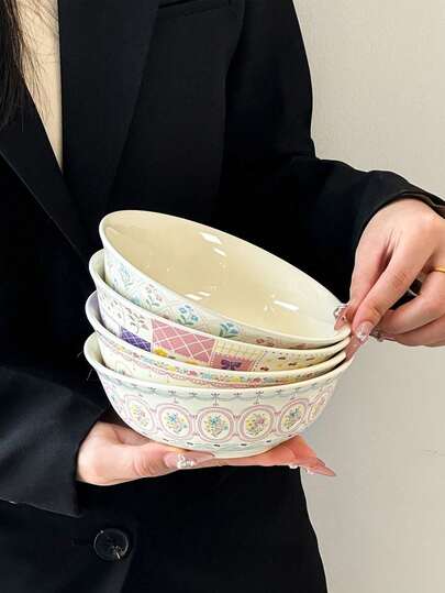 1pc Ceramic Bowl, Handmade Classic Floral Design High Aesthetic Household Ceramic Bowl, 6 Inch Cute Yogurt Bowl, Salad Bowl, Soup Bowl, Suitable For New Year, Gathering, Party, Dishwasher & Sterilizer
