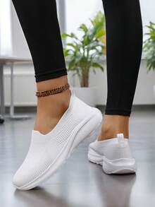 1 par de elegantes sapatos brancos para enfermeira, tênis casuais esportivos de tecido, cor sólida, sem cadarço, adequados para casa, escritório, primavera/outono. - Branco - Ver 3