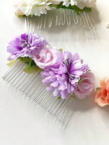1pc Women's Faux Fabric Solid Color Flower Hair Comb, Fashionable Shiny Rose Greenery Hair Clip Side Comb, Suitable For Summer Beach Vacation, Autumn Decoration, School Supplies - Multicolor - View 5