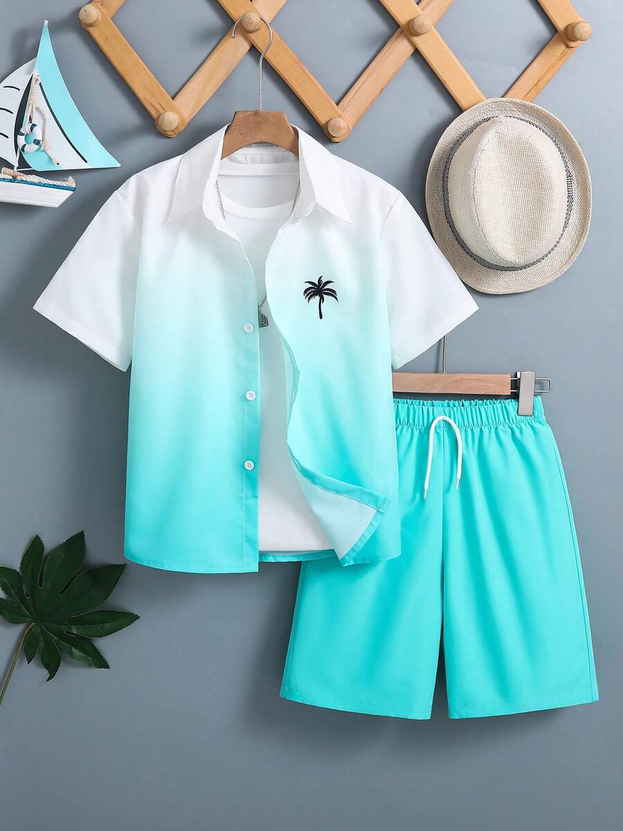 Bộ đồ thời trang đi nghỉ mát 2 món cho bé trai, gồm áo ngắn tay in hình cây cọ màu xanh ombre và quần short cùng màu, thích hợp cho kỳ nghỉ hè ở bãi biển, mặc hàng ngày, chơi thể thao và các hoạt động ngoài trời. - Màu xanh Cadet - Xem 1