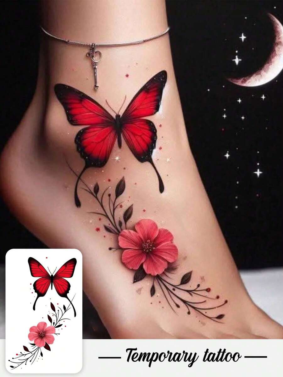 One Valentine's Day Temporary Temporary Tattoo Sticker, Waterproof And Sweatproof, Featuring Colorful Butterflies, Flowers, And Plants. Suitable For Birthdays, Weddings, And Party Decorations, Lasting 3-5 Days. - Multicolor - View 1