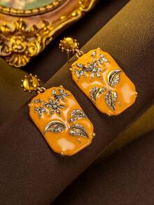 1 par de pendientes de joyería de moda para mujer, con diseño de patrón floral, elegantes pendientes de metal esmaltado estilo victoriano, adecuados para banquetes y festivales - Multicolor - Ver 6