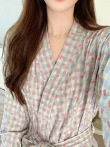 Charming & Sweet Robe, New Spring/Autumn Design, Heart-Shaped Plaid Pattern, Elegant Loose Fit, Comfortable Casual, Mid-Length Loungewear. Must-Have For Back To School Season - Multicolor - View 8