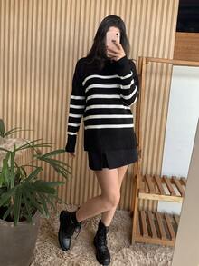 Striped Long-Sleeved Knit Sweater Top, Warm And Comfortable. - Black - View 1