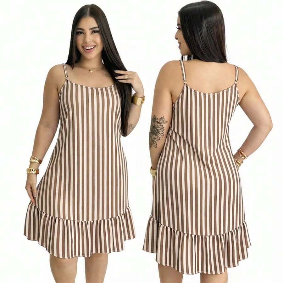 Women's Short Dress, Conservative/Modest, Fabric, Hem With Ruffle, Vacation Dress, Home Dress - 米色條紋 - 查看 1