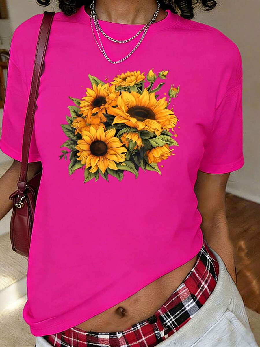 Yellow Sunflowers Print T-Shirt, Short Sleeve Crew Neck Casual Top For Summer & Spring, Women's Clothing - 玫瑰紅 - 查看 1