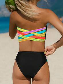 Women's Black Bandeau Criss-Cross Strap Bikini Set, Suitable For Summer Vacation & Beach - Black - View 6