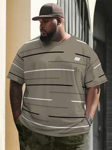 Herren Große Größen lässig 3D Zahlen Muster Kurzarm T-Shirt - Khaki Schwarz Weiß Streifen, Rundhalsausschnitt, Sommer T-Shirt, Maschinenwäsche, bequeme Passform, geeignet für den täglichen lässig Stil - Khaki - Übersicht 3