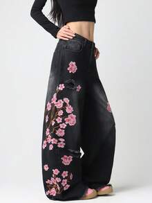 1 chiếc quần jeans ống rộng nữ rách thêu họa tiết, kiểu dáng thoải mái, năng động, phù hợp với mọi mùa (không bao gồm thắt lưng/phụ kiện) Thích hợp cho kỳ nghỉ - màu đen - Xem 4
