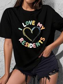 1 Stück Damen T-Shirt aus reiner Baumwolle, ein herzerwärmender und lässiger Stil für Pflegepersonal, mit dem Aufdruck "Ich liebe meine Bewohner" + exquisites handgemaltes Herzdesign, erhältlich in mehreren Farben (Grün/Gelb/Pink/Orange/Weiß/Blau), klassischer Rundhalsausschnitt, kurze Ärmel, weich und bequem, Größen S-2XL, geeignet für Pflegepersonal in Pflegeheimen, ideal für den Alltag/Gemeinschaftsaktivitäten, ein Muss für Frühling und Sommer. - Schwarz - Übersicht 4