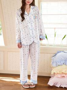 Gongdie 2 piezas Pijama de manga larga de algodón con diseño de dibujos animados de Alicia en el País de las Maravillas de Disney, adecuado para primavera y otoño - Blanco - Ver 1