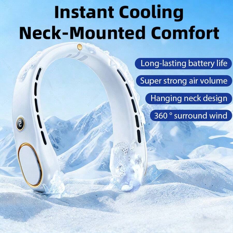 Neck Fan, Neck Personal Fan, Adjustable, 360 ° Cooling, Ultra Quiet, Bladeless Fan Design, No Hair Distortion, Uniform Air Flow On Both Sides, Anti Slip, Short Charging Time, Long Use Time, A Good Partner For Office Travel - White - View 1