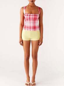 Women's Plaid Tank Tops Summer Fashionable Versatile Sleeveless Slim Fit Going Out Vest - Rojo - Ver 4
