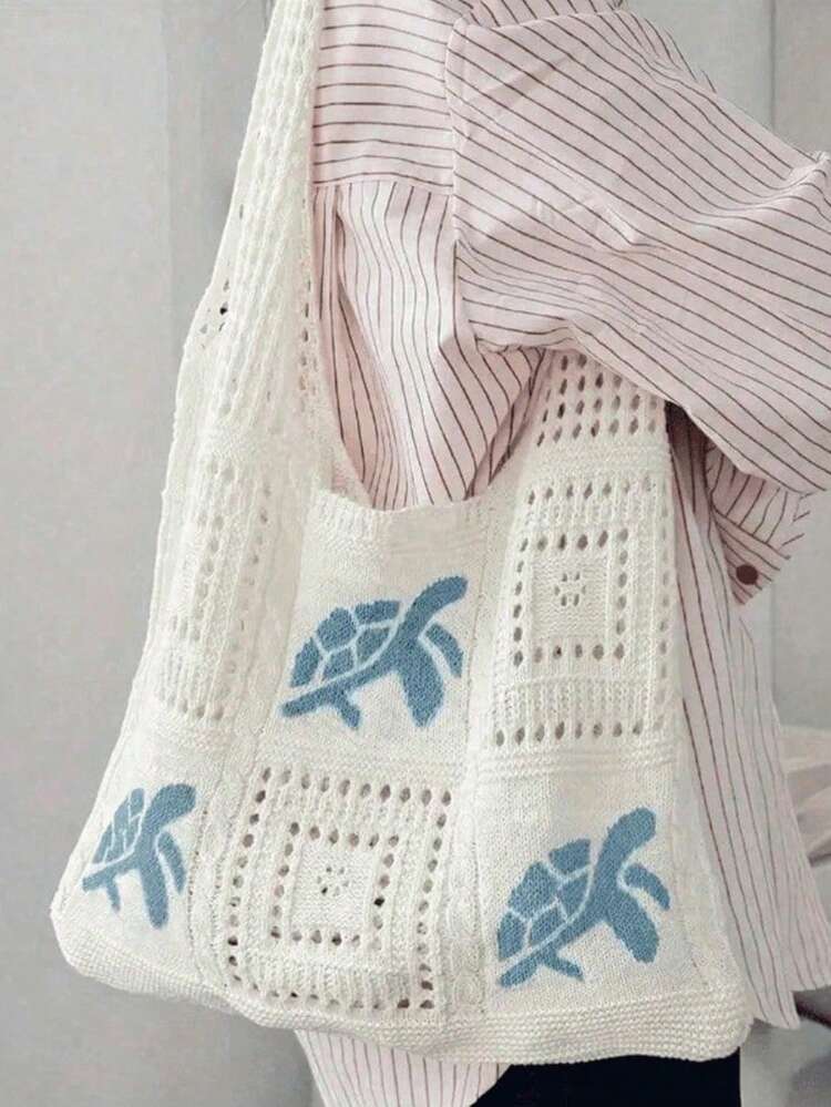 女士沙滩手提包 - 海龟图案钩编设计，大容量敞口手提包，多色涤纶材质，适合休闲外出和海滨度假，沙滩包，旅行配件，波西米亚风，编织纹理，容量大，度假必备，也适合工作、返校等场合，波西米亚女装，沙滩包，钩编 - 彩色 - 查看 1