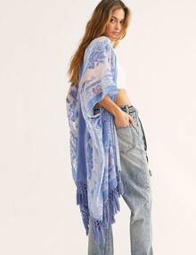 WeHello Women's Boho Burnout Velvet Kimono Long Cover Up With Tassel Casual Cardigan Shawl Flowy Fabric Beachwear Suit Womenswear Clothes Swimwear Coverups SpringStatements - 淺藍色 - 查看 5